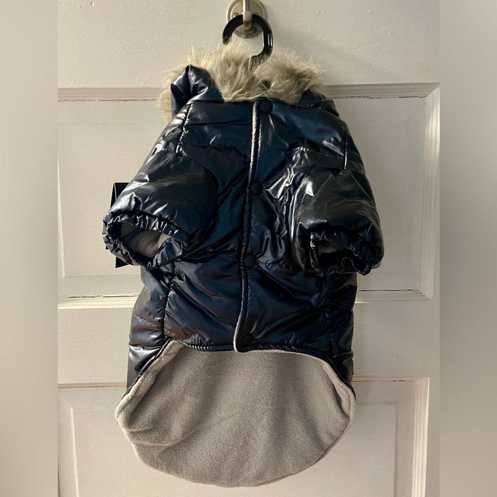 Nicole Miller Metallic Blue Dog Puffer with Hood - Picture 2 of 8